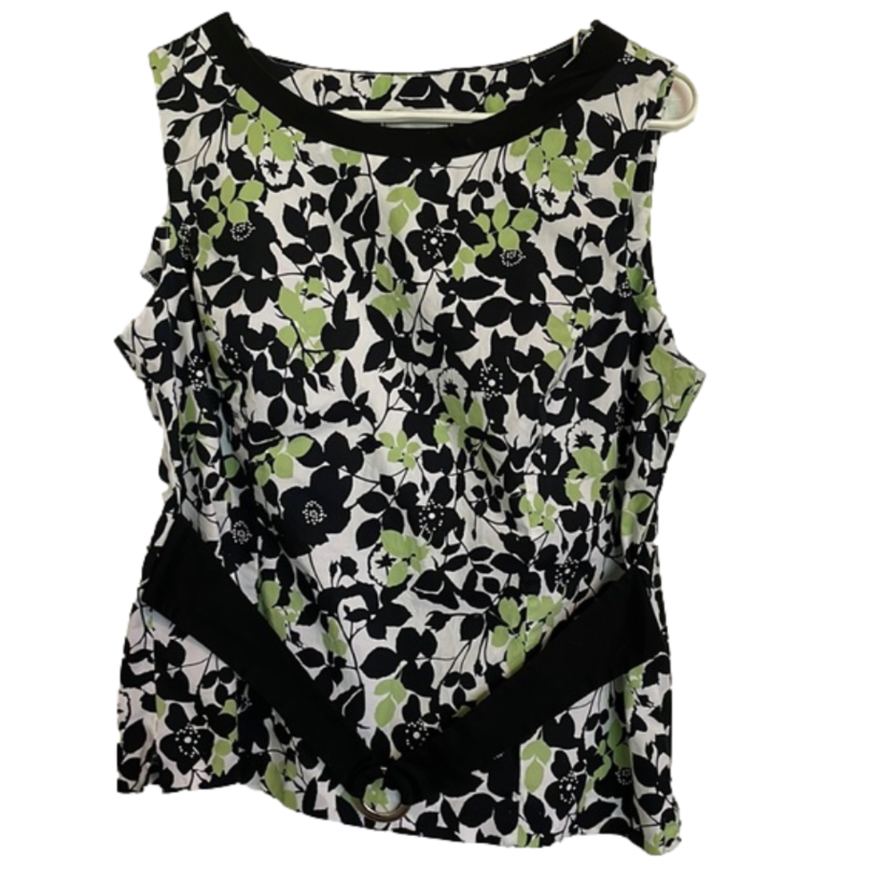 KARIN STEVENS Vintage Floral Top Women’s 12 Black Green White